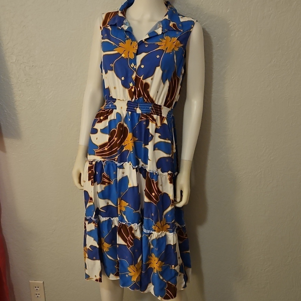 ALEX and PARKER Tropical Blue Floral Sleeveless Tiered Shirt Tiki Dress - Picture 3 of 13